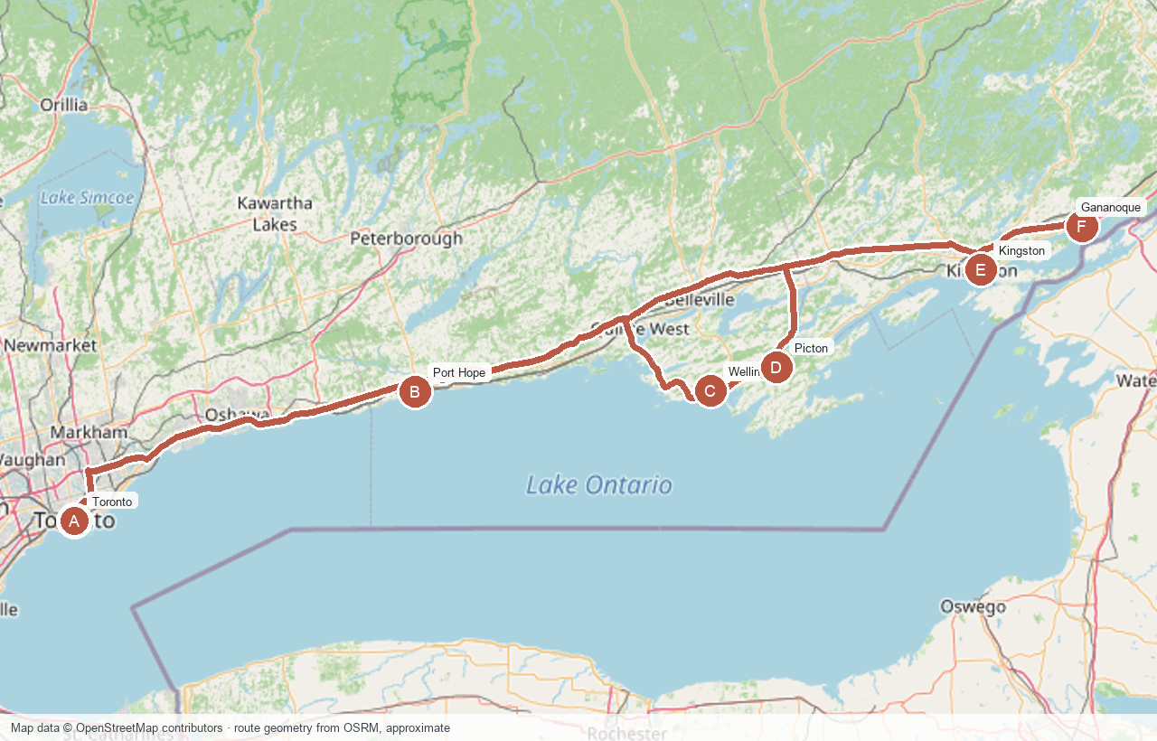 Map screenshot of the eastern pub-focused route from Toronto to Port Hope, Wellington, Picton, Kingston, Gananoque, Port Hope, and back to Toronto