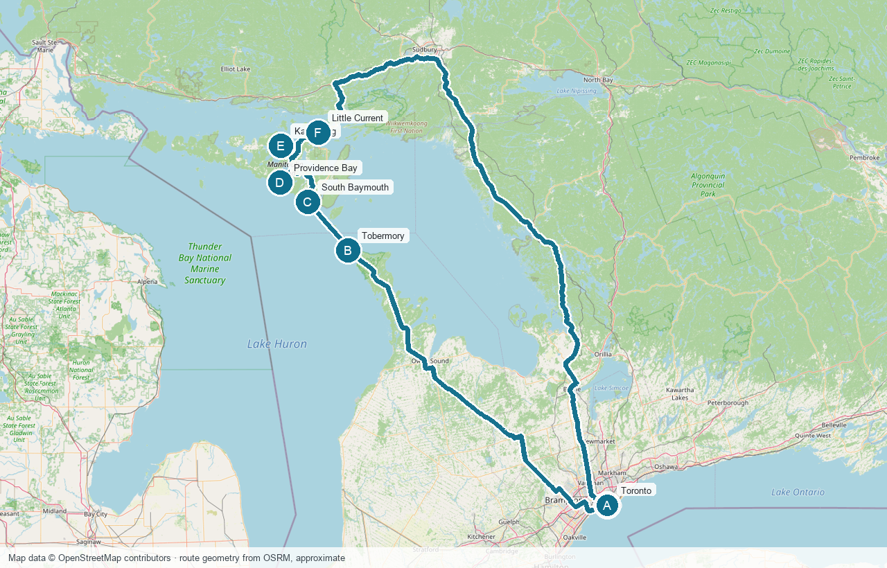 Map screenshot of the Manitoulin Island road trip route from Toronto to Tobermory, South Baymouth, Providence Bay, Kagawong, Little Current, and back to Toronto