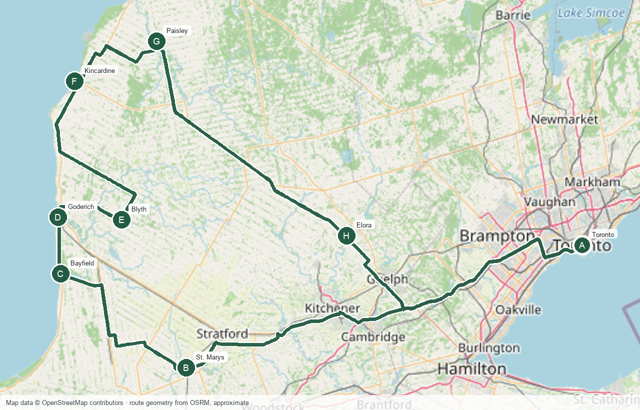 Map screenshot of the small-town Ontario route from Toronto to St. Marys, Bayfield, Goderich, Blyth, Kincardine, Paisley, Elora, and back to Toronto